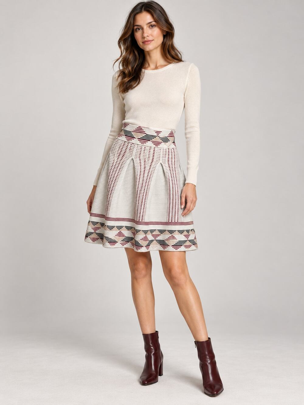 Maje Jordy Ecru Knit Skater Skirt Geometric Jacquard Burgundy Navy Size 1 S